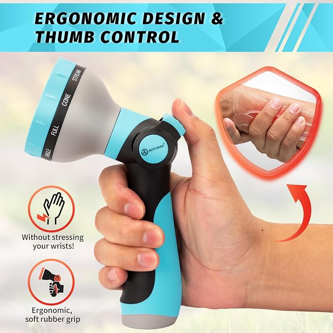 AUTOMAN Garden Hose Nozzle Sprayer - 10 Spray Patterns, 2 Pack Thumb Control Water Hose Nozzle Outdoor, Heavy Duty Spray Nozzles for Watering Garden, Cleaning Window, Washing Car, Showering Pets