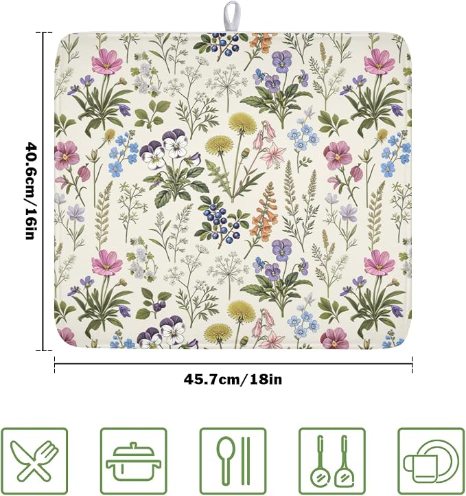 Rustic Botanical Print Floral Dish Drying Mat 16x18 Inch | Polyester，Absorbent Microfiber，for Kitchen Coffee Dining Bar Decor