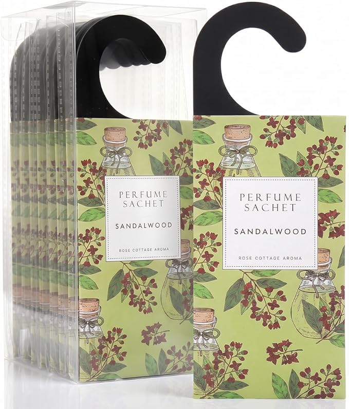 Large 12 Packs Sandalwood Hanging Scented Sachets Long-Lasting Closet Deodorizer Air Freshener Fabric Refresher Odor Eliminator for Drawer Home Fragrance Gift Set