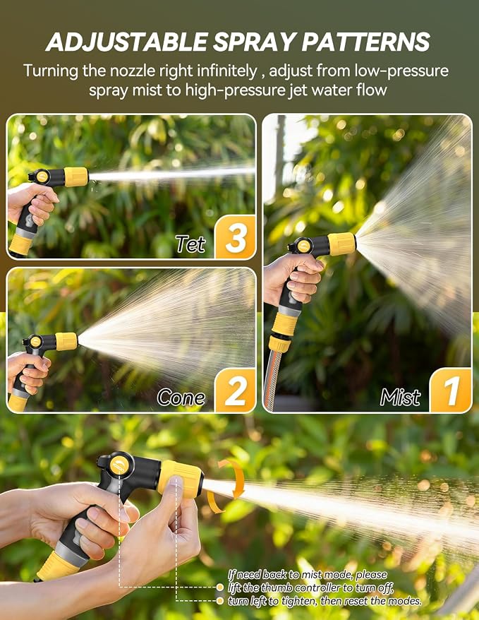VOXON Garden Hose Nozzle with High Pressure Jet, 100% Heavy Duty Metal | Zinc Alloy & TPR Rubber, With Thumb Flow Control, Adjustable Spray Patterns for Garden Watering, Car Washing, Yellow Black