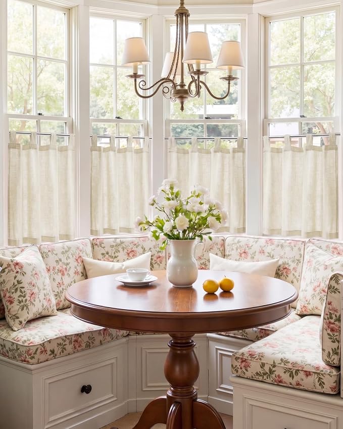 jinchan Linen Tier Curtains, Tab Top, 26x24, 2 Panels, Natural | Light filtering, linen blend, farmhouse style, rustic decor, cafe curtain, kitchen, bathroom, laundry room, RV, small windows