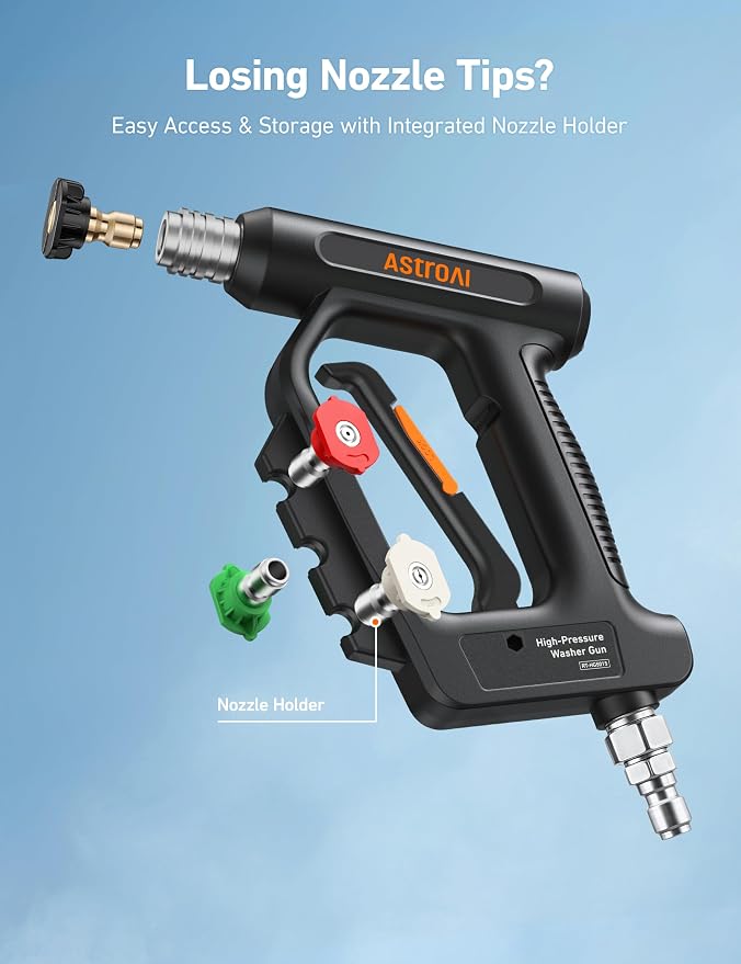 AstroAI Short Pressure Washer Gun with Swivel, 3/8" Quick Connect, 4060 PSI | for High Pressure Washer, 3/8" & 1/4" Quick Connect, with 4 Nozzles, Car Wash, Comfort Grips, Inner Brass, fit Foam Cannon