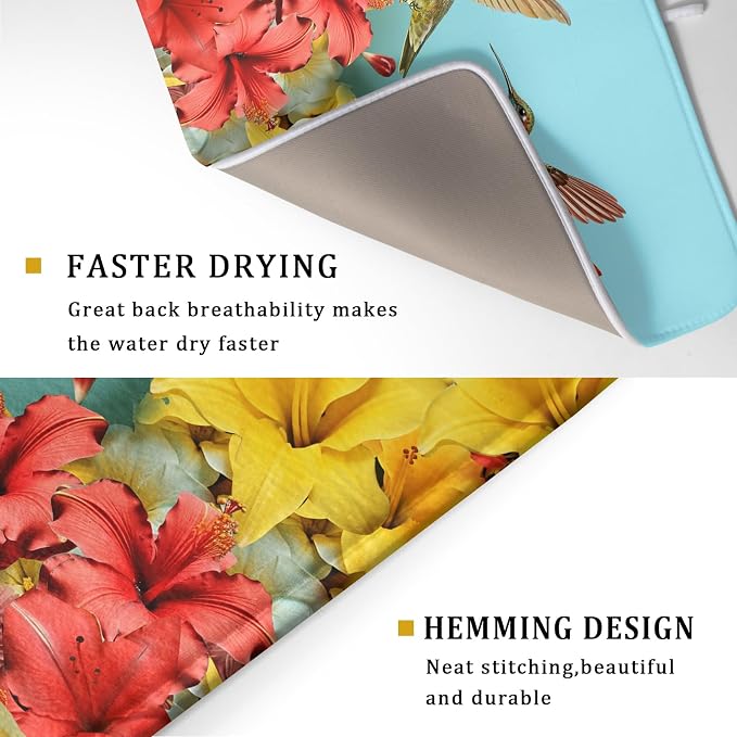 Kawani Hummingbirds Floral Dish Drying Mat for Kitchen Counter 16x18 In Hibiscus Tropical Drying Mat Farmhouse Fast Dry Absorbent Microfiber Dish Drainer Rack Pad for Countertop Decor