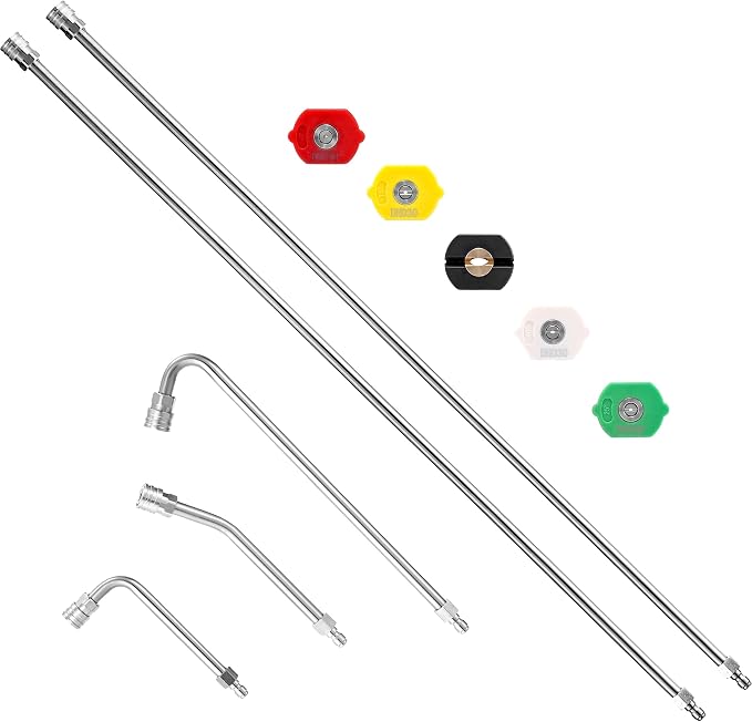 M MINGLE Pressure Washer Extension Wand - 120" Upgrade Power Washer Lance | Pressure Washer Accessories with 5 Nozzle Tips - 30°/90°/120° Curved Rod - 1/4" Quick Connect