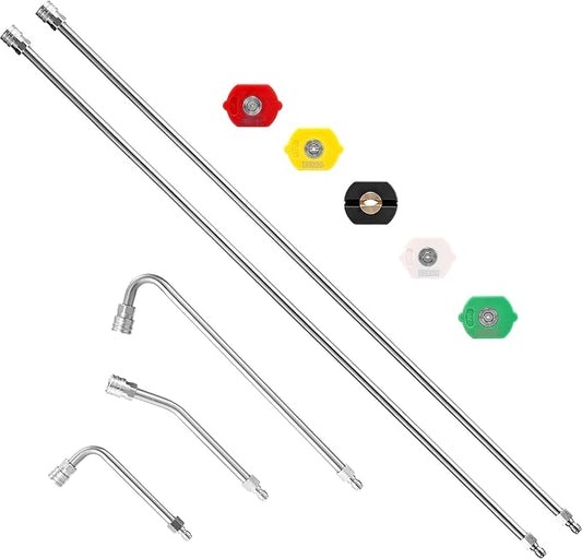 M MINGLE Pressure Washer Extension Wand - 120" Upgrade Power Washer Lance | Pressure Washer Accessories with 5 Nozzle Tips - 30°/90°/120° Curved Rod - 1/4" Quick Connect