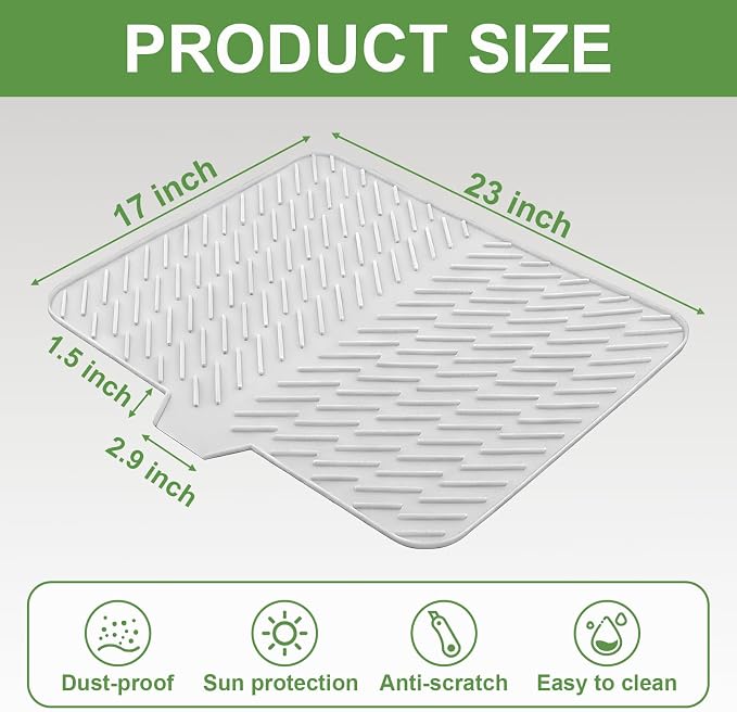 Silicone Drying Mat, 23"X17" With Built-in Drain Lip,Heat-Resistant,Eco-friendly,Hygienic Drying Pad,Leak-Proof and Non-Slip,Silicone Dish Drying Mat for Kitchen Counter or Sink（White 23X17）