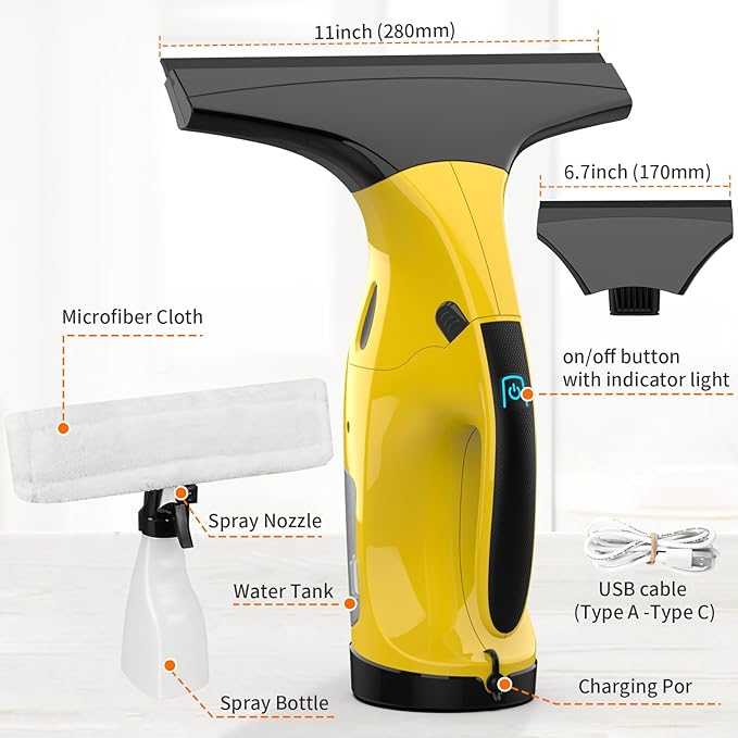 Kiato Window Vacuum Squeegee Cordless, Electric Window Vacuum Cleaner with 2 X Squeegee (11”+ 6.7”), Rechargeable Window Vac for Windows, Tiles, Mirrors, Showers, Glass, 2200mA, WC09