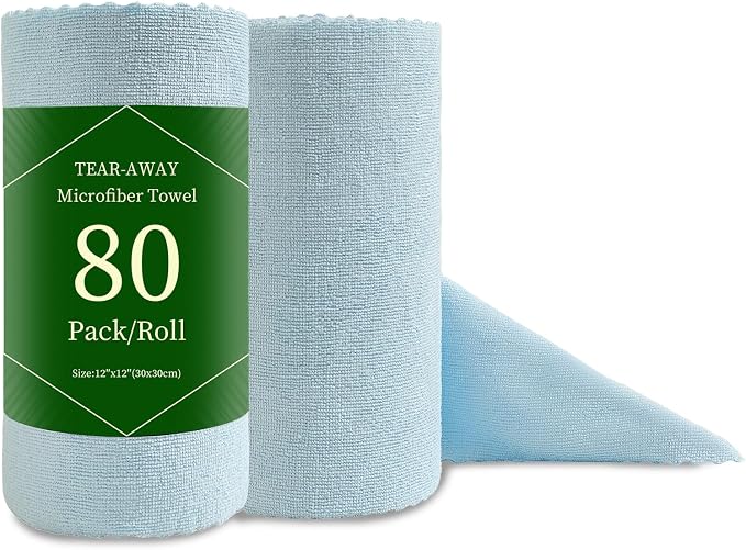 Jessy Home 80 Pack Microfiber Cleaning Cloth Roll Reusable Paper Towels 12"x12" Tear Away Cloth, Microfiber Towels for Cars, Wash Cloths, Lint Free Rags for House, Kitchen,Window,Cleaning Supplies