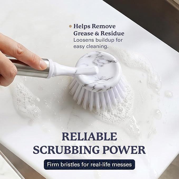 Farberware Dish Brush with Handle, 2 Pack, Firm Bristles | Kitchen scrub brush and dish scrubber removes grease, reaches pot and pan edges, 8in, round head, marble-look design