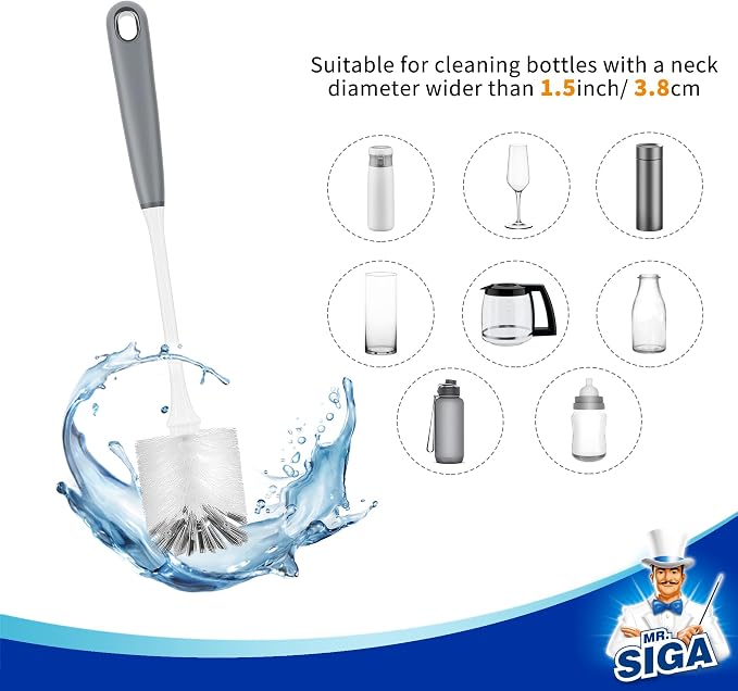 MR.SIGA Long Handle Bottle Brush, Non-Scratch Water Bottle Brush Cleaner | 2 pack bottle brushes for cleaning, drinking glasses brush with non slip handle, 5.8 cm(2.3 inch) wide brush head