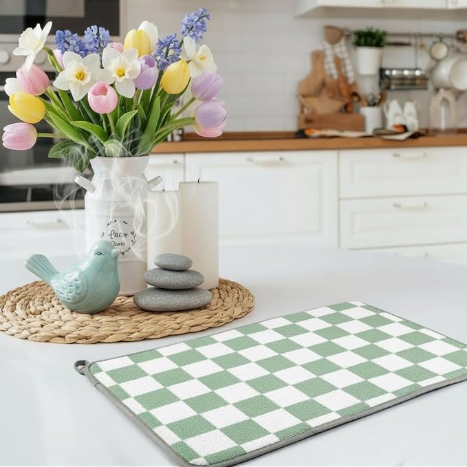 Zonon Green Checkered Dish Drying Mat for Kitchen Counter 16" x 24" Microfiber Absorbent Dish Drainer Rack Pads Fast Dry Mat Vintage Kitchen Decorations