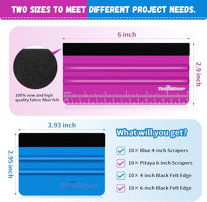 TECKWRAP Professional Felt Squeegee for Vinyl, 20 PCS | Plastic Felt Squeegee Tool, For Decals Inkjet Vinyl Sticker Paper, Wallpaper Application Tools, 6" Pitaya×10 & 4" Blue×10