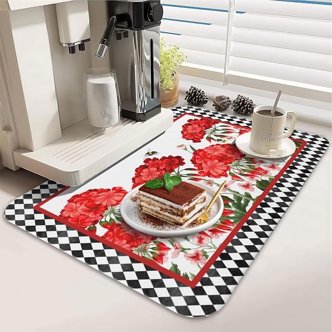 Dish Drying Mat 2-Pack Red Floral Bee Check for Kitchen Counter Dishes | Diatom Mud Mats (18x24, 19.5x12"). Non-slip rubber back for kitchen counter, coffee bar & sink scenes