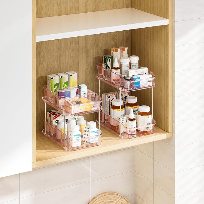 Delamu 2-Tier Under Sink Organizers and Storage, Multi-Purpose Stackable Bathroom Cabinet organizers, Pull Out Kitchen Pantry Organization and Storage with Dividers(2 Pack, Pink)
