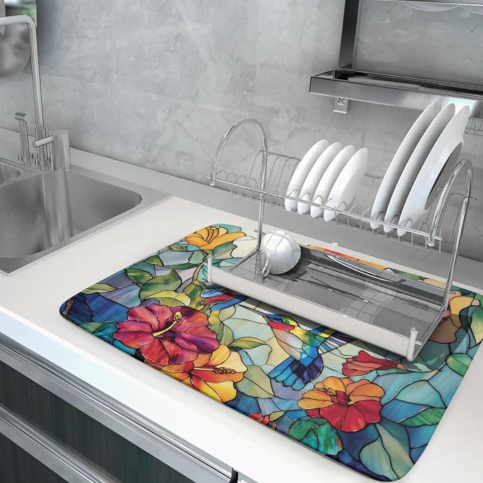 Spring Summer Dish Drying Mat for Kitchen Counter Hummingbird Microfiber Absorbent Dish Draining Reusable Washable Foldable Extra Large 18"x24"
