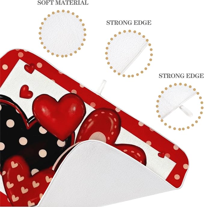 Valentines Dish Drying Mat 18x24 Inch Black Red Hearts Dish Drainer Protector Pad for Kitchen Counter Absorbent Holiday Love Drying Pad for Drainer Rack Kitchen Fast Dry