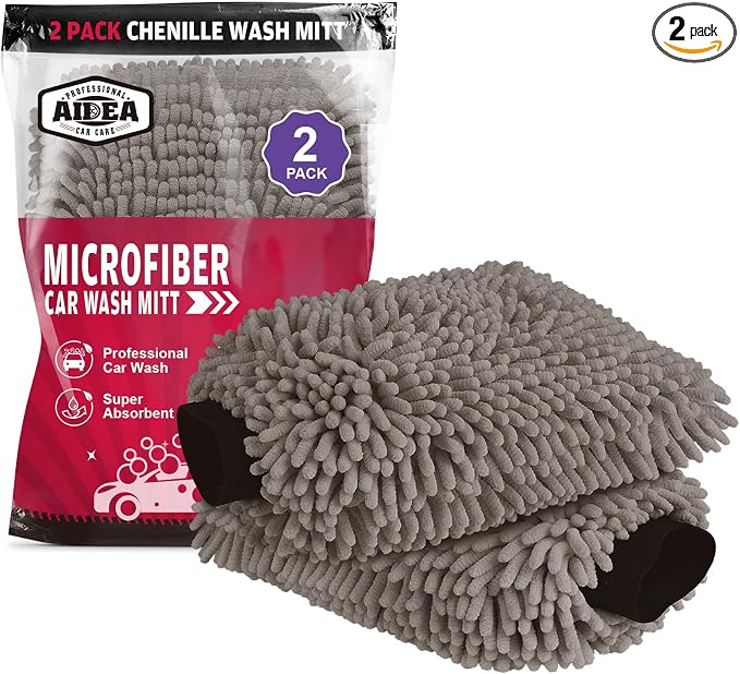 AIDEA Car Wash Mitt Microfiber, 2PK, Car Wash Brush, Grey, 8''X12'' | Scratch Free Lint Free Premium Chenille Microfiber Mitt, Cleaning Supplies, Extra Large Size