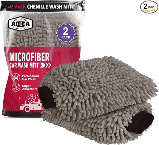AIDEA Car Wash Mitt Microfiber, 2PK, Car Wash Brush, Grey, 8''X12'' | Scratch Free Lint Free Premium Chenille Microfiber Mitt, Cleaning Supplies, Extra Large Size