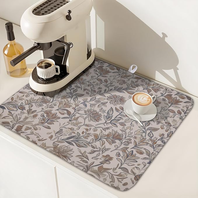 Vintage Floral Dish Drying Mat for Kitchen Counter Brown Antique Flower Microfiber Dish Drainer Mat Rustic Neutral Absorbent Washable Drying Pad 16"x18"