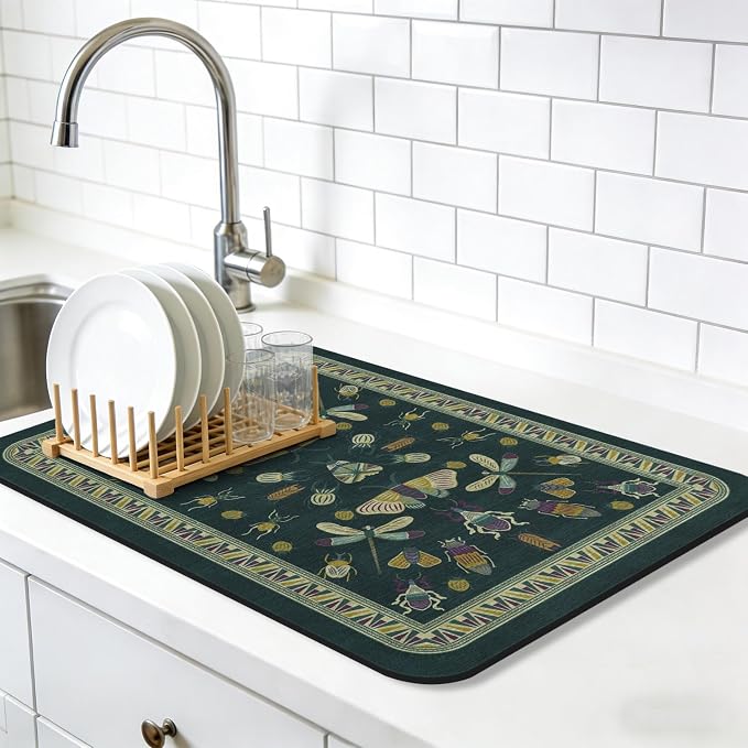 Dish Drying Mat, Vintage Rustic Boho Kitchen Dishes Absorbent Pad, 12x20in | Eco-friendly diatomite with non-slip rubber backing. Super absorbent mat for kitchen counters, coffee bars & sinks