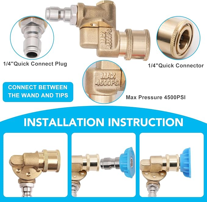 Pressure Washer Tips Turbo Nozzle 4000 PSI 360° Rotating Spray Turbo with 1/4” Quick Connector and 4500 PSI Pivoting Coupler,7 Spray Nozzles Tips Kit Multiple Degrees