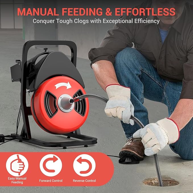 Garvee 50FTx1/2 Inch Drain Cleaner Machine with Wheels, Sewer Snake Drain for 2" to 4" Pipes, Plumbing Snake Auger Cleaner with 6 Cutter & Foot Switch for Sewer, Sink, Toilet, Bathroom