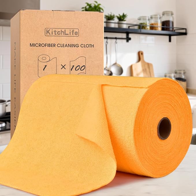 KitchLife Microfiber Cleaning Cloth Roll, 100 Pack - Tear-Away Microfiber Paper Towels, Lint-Free, Reusable, Washable for Kitchen, Car, Dishes, and Sensitive Surfaces (Tangerine Yellow)
