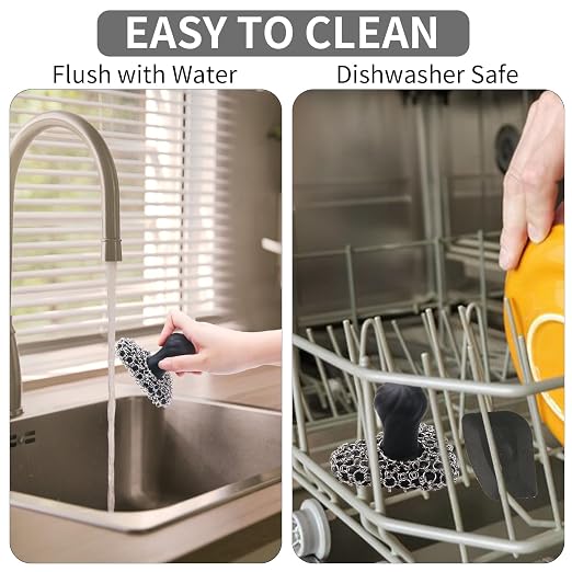 Cast Iron Scrubber with Handle 316 Dish Cast Cleaner Chainmail Scrubber for Pan Skillet Iron Scrub Brush Steel Wool Scrubber Cleaning Kit (1 Scrub + 1 Scraper)