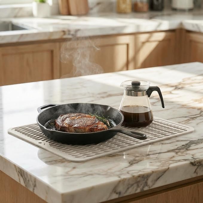 MicoYang Silicone Dish Drying Mat — Quick-Dry Ridges Counter & Sink Pad, Heat-Resistant Trivet to 450°F, Non-Slip & Dishwasher Safe, Roll-Up Storage, 18 Colors & 9 Sizes (Tapioca, 16"×12")