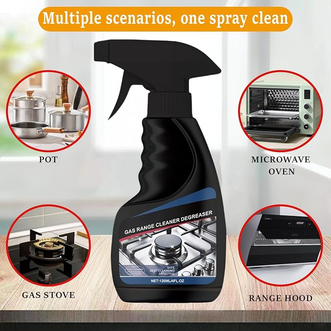 120ML Gas Range Cleaner Degreaser,Effective Clean Up Kitchen Oil Stains,Grease & Grime Remover, Kitchen Cooktop Cleaning Spray