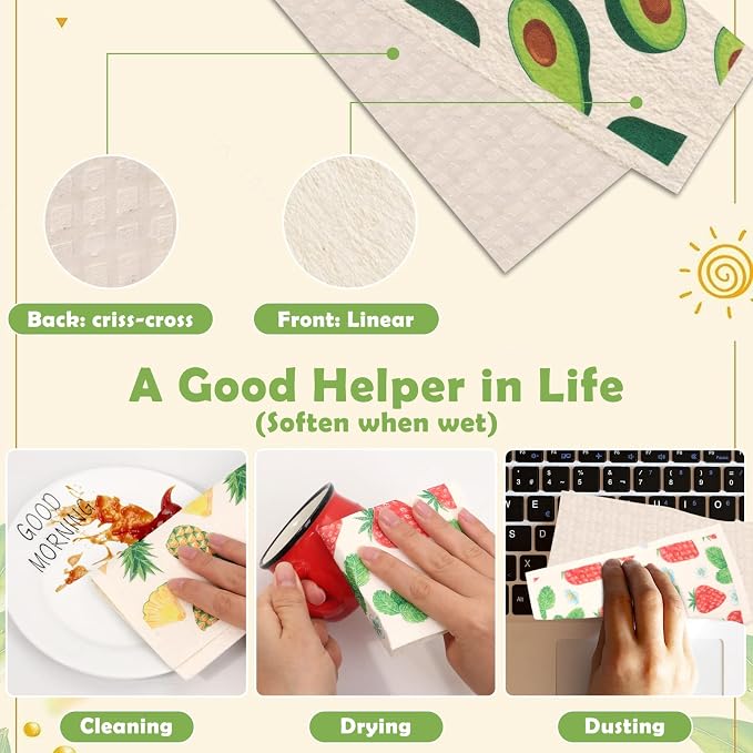 Lucomb Reusable Swedish Kitchen Dish Cloths, 8 Pack Replace Paper Towels Quick Drying Kitchen Sponges Dish Rags for Dishes Washing Home Cleaning Window Glass Wipes (Mixed Fruit)