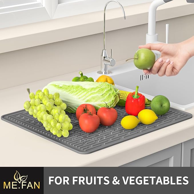 ME.FAN Silicone Dish Drying Mat for Kitchen Counter, Dish Drying Pad for Sink, Refrigerator or Drawer, Countertop Protection Pad L - 18''×16'' - Grey