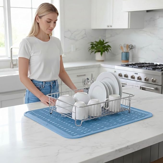 MicoYang Silicone Dish Drying Mat for Multiple Usage,Easy clean,Eco-friendly,Heat-resistant Silicone Mat for Kitchen Counter or Sink,Refrigerator or Drawer Liner Light Blue 2XL 24 inches x 18 inches