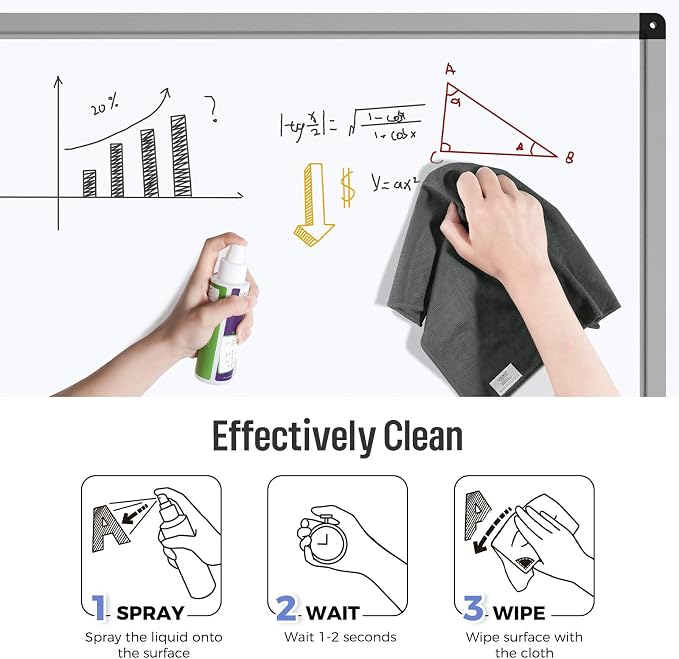 loukin Magnetic Whiteboard Cleaning Cloth, Dry Erase Cleaning Cloth for Classroom, Home and Office Use, Reusable & Washable, Grey, 12" x 12", 1 Bottle of 3.4 fl oz Whiteboard Cleaner Included