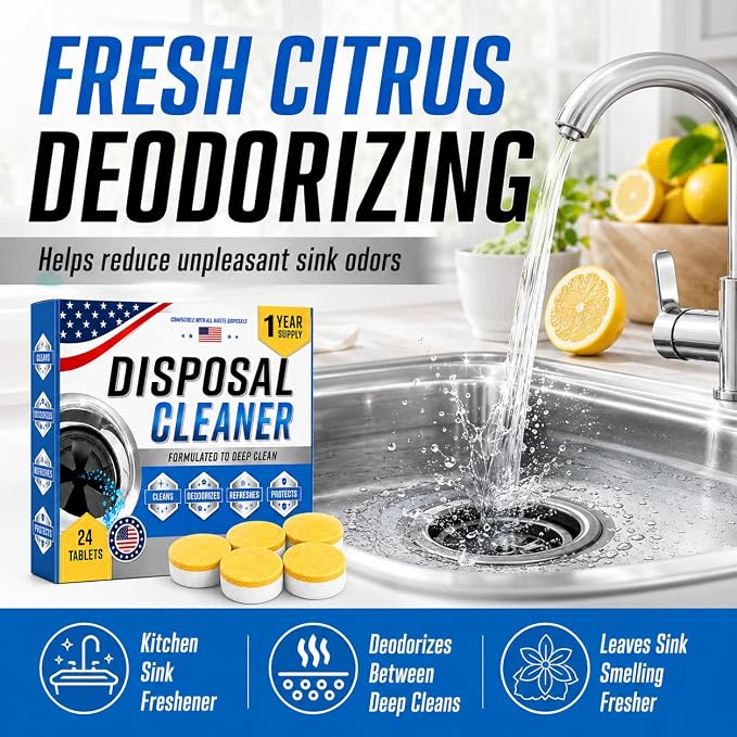 Garbage Disposal Cleaner Deodorizer Tablets, XL Citrus Foaming Tablet for Kitchen Sink Residues Freshener, Drain Cleaner & Odor Eliminator, Septic Safe Kitchen Disposal Care, 24 Pack for 1 Year Supply