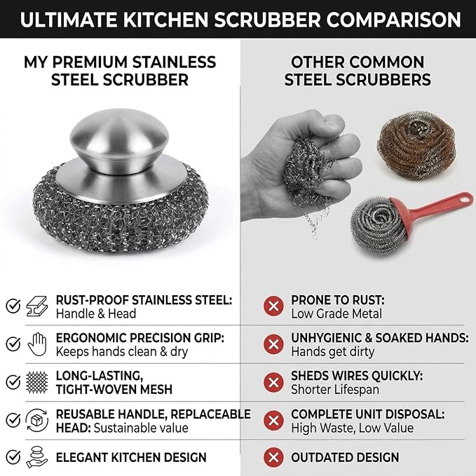 Steel Wool Scrubber, 8-Pack Stainless Steel Scrubber Pads with Handle - The Ultimate Scouring Solution for Rust, Stubborn Messes on Cookware, Grill, Oven & Kitchen Sinks