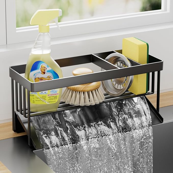 Kitchen Sink Caddy Organzier with Sponge Holder and Removable Drip Tray for Kitchen Sink, 304 Stainless Steel Organize for Sponge Soap Dish Brush Storage Accessories(Black)