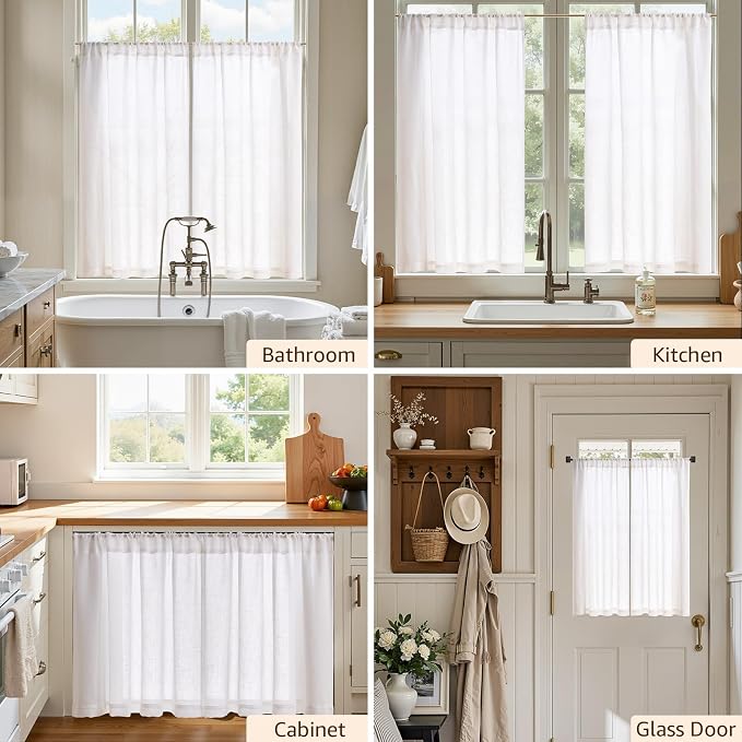 jinchan Linen Kitchen Tier Curtains, 38x45, 2 Panels, Beige White | Light filtering, linen blend, rod pocket, farmhouse style, rustic decor, kitchen, bathroom, laundry room, RV, small windows