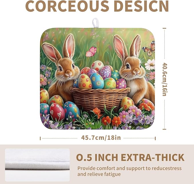 Easter Bunny Eggs Dish Drying Mat for Kitchen Counter 16x18 Inch Spring Easter Rabbit Flowers Drying Mat Microfiber Dish Drainer Rack Mats Absorbent Reversible Dishes Pad Dish Dryer Mat