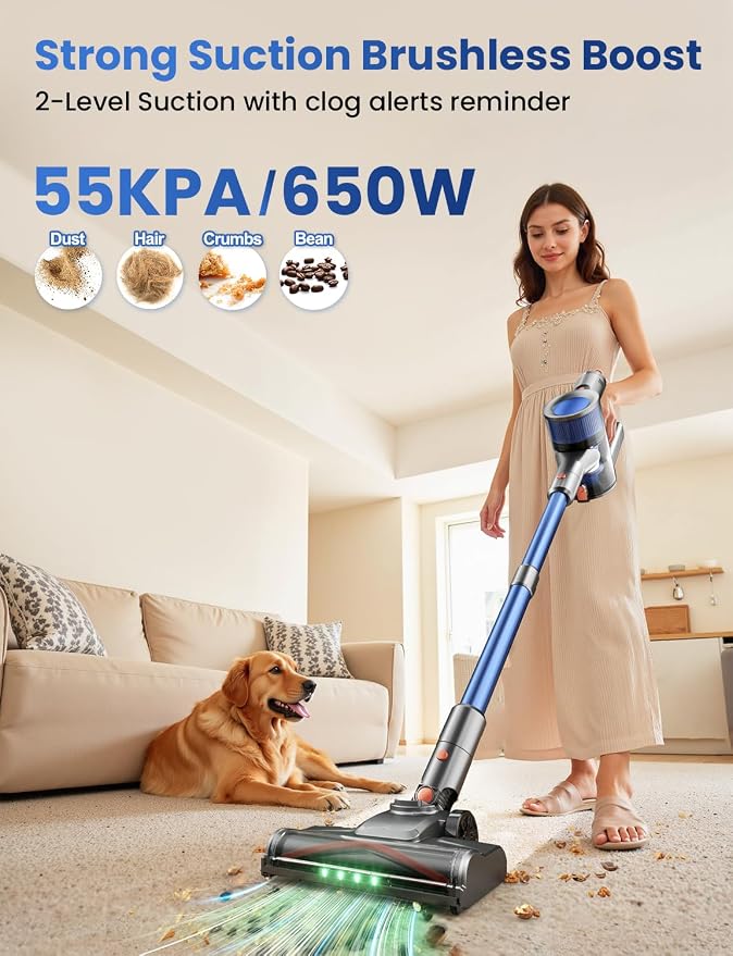 Dzaki Cordless Stick Vacuum Cleaner, 650W 55KPa Brushless Motor, 60-Min Runtime, Detachable Battery, Anti-Tangle, Self-Standing, Vacuum Cleaners for Home, Pet Hair, Carpet & Hardwood Floors