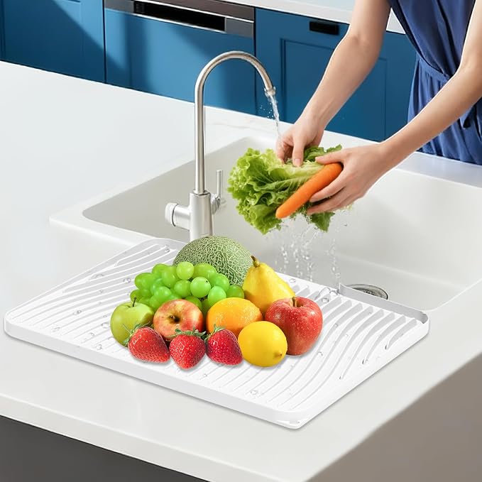 Silicone Dish Drying Mat for Kitchen counter, 15.8"x13" Extra Large Non-Slip Drain Pad with Built-in Drainage, Heat Resistant Dishwasher Safe, Ivory
