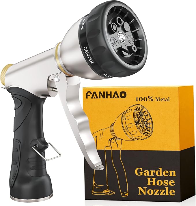 FANHAO Garden Hose Nozzle Heavy Duty, Metal Water Hose Sprayer, Leakproof | 7 Adjustable Spray Patterns, Rustproof Zinc Alloy, Hands-Free Lock, Ergonomic Grip Water Nozzle for Lawn, Plant, Car & Pet