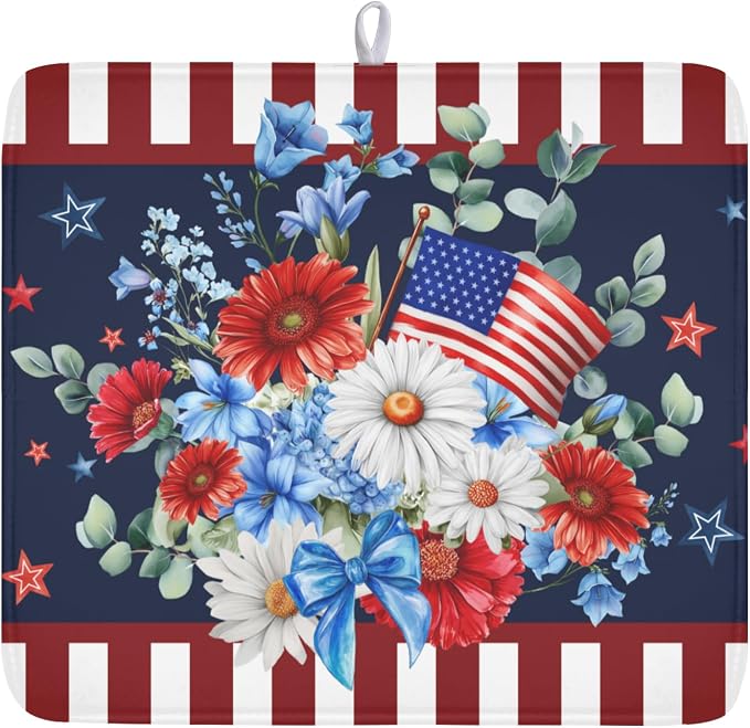 4th of July Dish Drying Mat for Kitchen Counter Patriotic Red Blue and White Floral American Flag Microfiber Dish Drainer Mat Absorbent Washable Drying Pad Extra Large 16"x18"