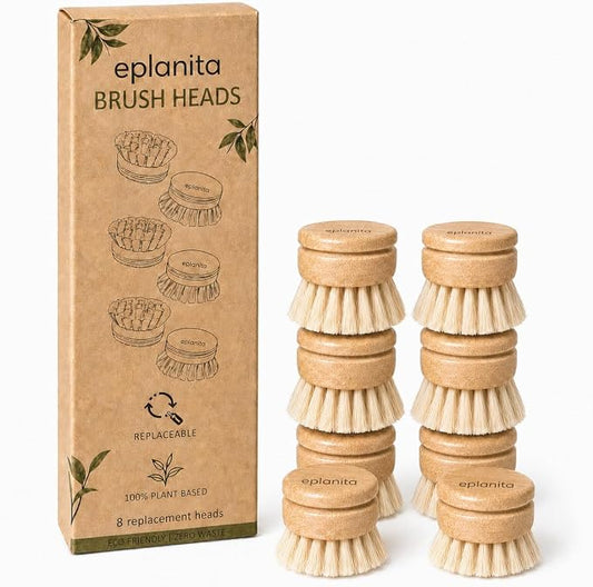 eplanita Replacement Brush Heads (Pack of 8) for Bamboo Dish Brush, Sisal Bristle Refills, Agave Cactus Fibres, Kitchen Eco Scrubber, Plastic Free Washing Up, Zero Waste Cleaning