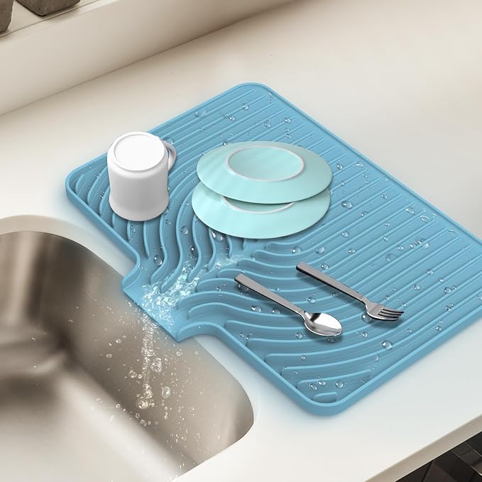 Dish Drying Mat for Kitchen Counter, with Built-in Drain Lip, Food-Grade Silicone, Easy Clean Pad for Countertop Protection, Multi-Functional Use (18x11.8, Light Blue)