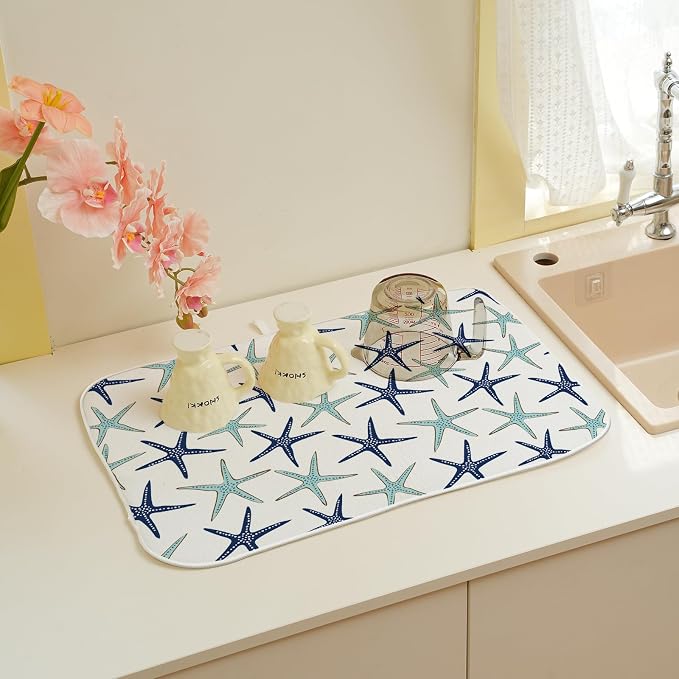 Coastal Dish Drying Mat 18x24 Inch Summer Navy Blue Teal Turquoise Starfish Summer Drying Mat Nautical Beach Ocean Absorbent Dish Drying Pad Dish Rack Drainer Mats for Kitchen Dining Counter