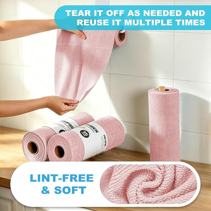 Puomue 55 Pack Microfiber Cleaning Cloth Roll, Tear Away Reusable Paper Towels, 11" X 9", Ultra Absorbent & Lint Free Microfiber Cloth for Cleaning Cars, Kitchen, Window, Home and Shop, Pink