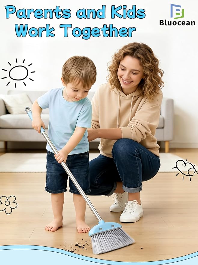 28'' Kids Mini Broom with Dustpan & Mop Set - Toddler Cleaning Toy, Toddler Household Helper, Parent-Child Interactive Play Cleaning Tool, Cute Cartoon Design, Small Safe Corner Broom (Blue)