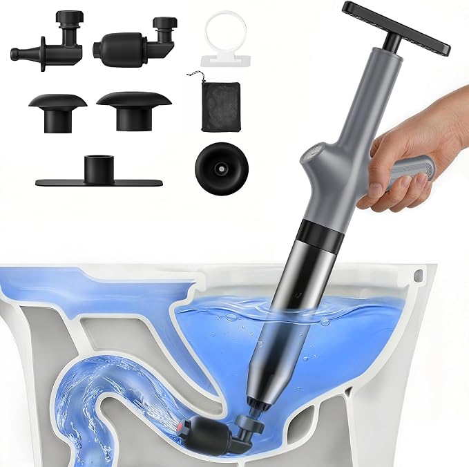 HAMITOR Toilet Plunger Drain Clog Remover: High Pressure Air Plunger & Heavy Duty Toilet Snake with Barometer for Bathroom,Sink - Unclogging Tool for Failed Traditional Plungers, Grey