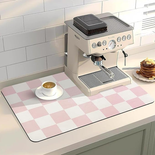 Dish Drying Mat for Kitchen Counter,16"x 24" Super Absorbent Kitchen Dish Drying Pad, Heat Resistant Drainer Mats with Non-slip Rubber Backed, Pink Checkered Coffee Bar Station Accessories